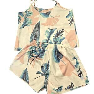 Tropical Leaf Comfy Chic Pajama Set Green Pink Cami/Shorts Two-Piece Sleepwear M